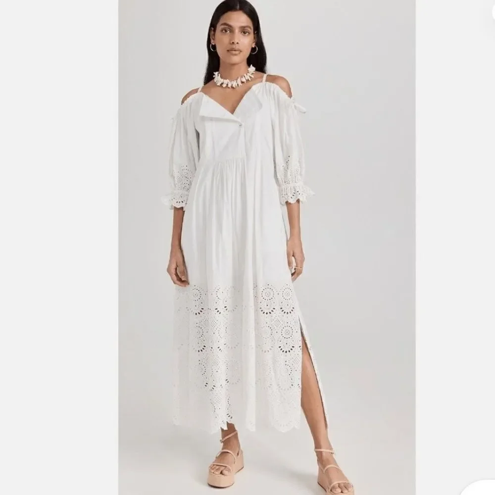 ULLA JOHNSON Narcisa cold-shoulder broderie anglaise cotton maxi dress size 8